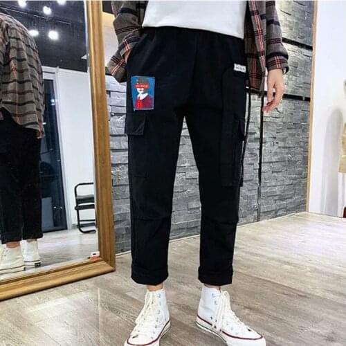 Korean Version Of The Trend Of Overalls Mens Casual Loose Straight Nine-Point Sports Pants Ribbon Letter Embroidery Harem Pants