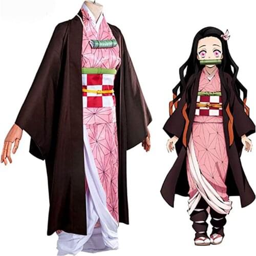 Anime Demon Slayer Kimetsu no Yaiba Kamado Nezuko Child Costume Full Cosplay Tooth Mouth Stick Adult Woman Kid Cosplay Costume