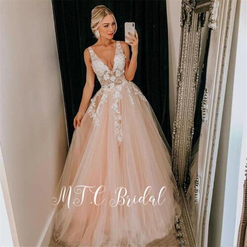 Blush Pink See Through Lace Evening Dress V Neck A Line Backless Long Prom Gowns 2019 High Quality Vestido De Festa Cheap Gowns