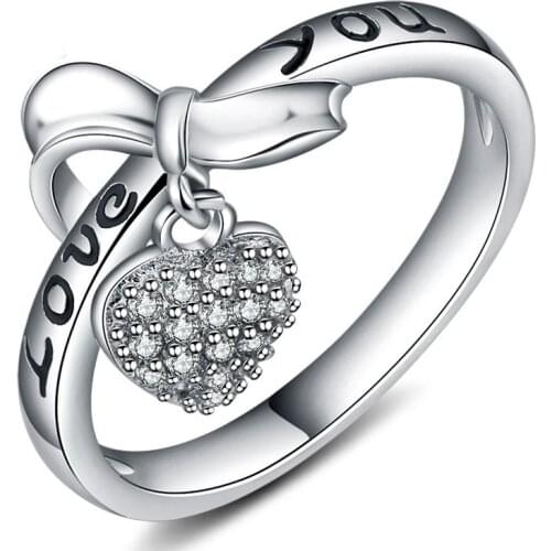 Fashion LOVE Heart Bow Crystal Ring Romantic Elegant Ring Valentines Day Exquisite Gift