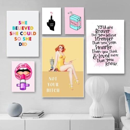Modern Fashion Workart Pink Girl Power Canvas Painting And Prints Wall Art Picture For Girls Living Room And Bedroom Decoration
