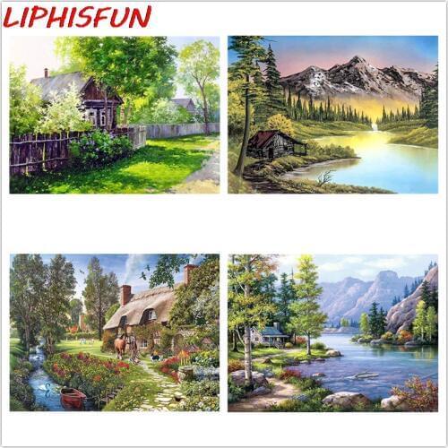 LIPHISFUN Diamond Embroidery Country Scenery Full Square Round Drill Diamond Painting Kit Scenic Rhinestone Modern Home Decor