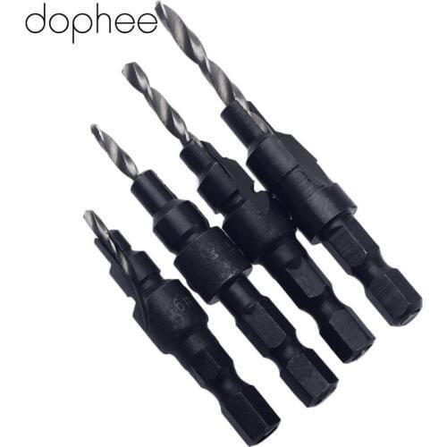 4pcs #6/8/10/12 Quick Change 1/4" Hex Shank HSS Tapered Hardened Countersink Cone Drill Bit Set Hole Saw Woodworking Tool+Wrench