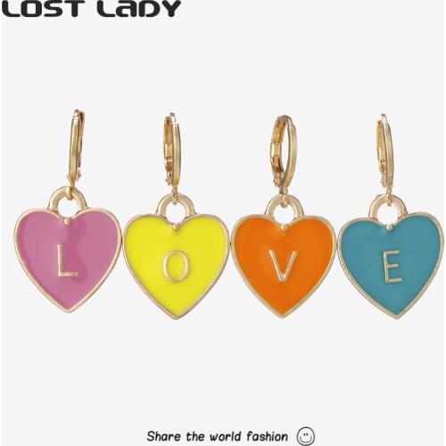 Lost Lady 4 Pcs/Set Korean Cute Heart Dangle Earrings Set Statement Muticolor Love Earrings for Women Party Jewelry Gift