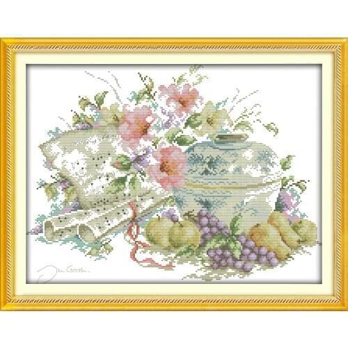 Fruit and music Beginner Cross Stitch Kits Printed Canvas DMC Counted printed Cross-stitch set Embroidery Needlework Kit DIY