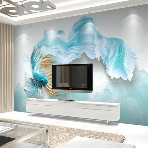 Custom Any Size Wall Cloth 3D Stereo Abstract Blue Guppy Wall Paper Living Room TV Backdrop Home Furnishing Decorative Murals