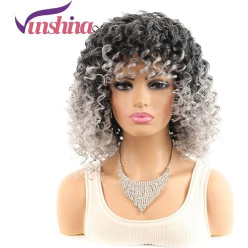 Vunshina Gray Ombre Curly Synthetic Wig With Bangs For Black Women Dark Roots Grey Short Deep Wave Natural Fringe Cosplay Wigs