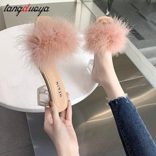 Clear Slippers Women Shoes Woman Mules New Summer Fur Slides Peep Toe Square High Heels Transparent Slippers Shoes Plus Size 43