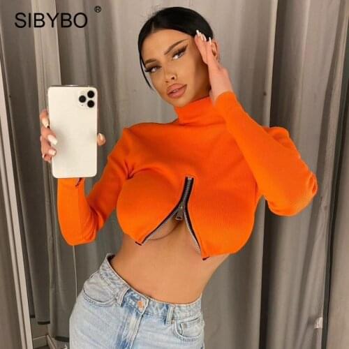 Sibybo Autumn Front Zipper Knitted Sweaters Women Solid Long Sleeve Turtleneck Sweater Pullovers 2021 Sexy Skinny Cropped Tops