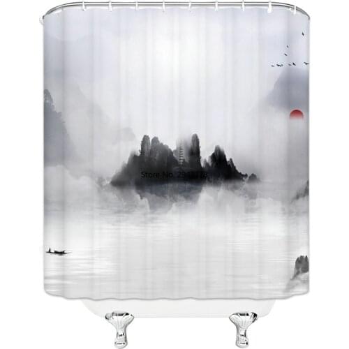 Unique Design Leaf Boat Lake Water Picture Shower Curtain Waterproof Mildew Polyester Fabric Home Bathroom Decoration