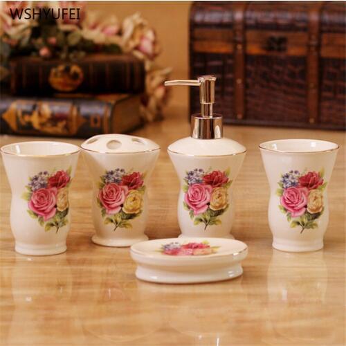 WSHYUFEI 5pcs/Set European Ceramics Bathroom Accessories Kit Cups Toothbrush Holder Soap Dish Household Wash Supplies