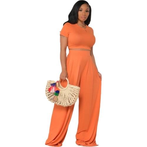 S-XXL Womens Casual Solid Color 2-Piece Sexy Open Waist Sportswear Short-Sleeve Crop Top + Flared Pants Suit with Pockets