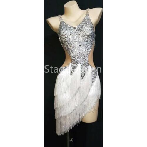 2019 Sexy V-Neck Sivler diamond White Lady Latin Dance Dress for Women Professional Latin Skirt Samba Dance Latin Salsa Dresses