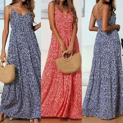 Women Boho Beach Floral Flower Print Maxi Dress Elegant Sleeveless Summer Holiday Vacation Sundress Evening Party Long Dress