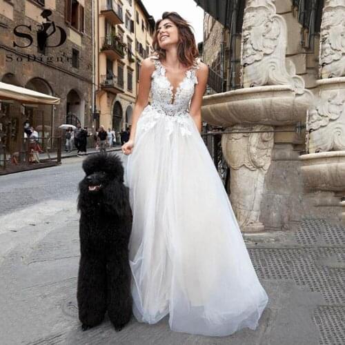 SoDigne A Line Women Wedding Gowns 2021 Lace Appliques V Neck Plus Size Bridal Dress Princess Tulle Boho Wedding Dress