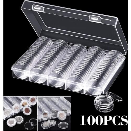 100pcs Coin Capsules Case Holder Collector Clear Plastic Coin Protection Storage Box 20mm 25mm 27mm 30mm