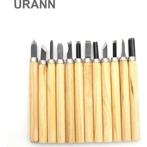 12pcs/set Manganese Steel Pine Wood Handle Carving Knife Handmade Seal Milling Tool Student Art Rubber Stamp Carving Tool