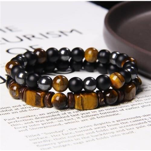 2pcs/set Beaded Bracelet Natural Stone Tiger Eye Hematite Beads Bracelet Men Energy Elastic Rope Bracelet Jewelry Couples Gifts