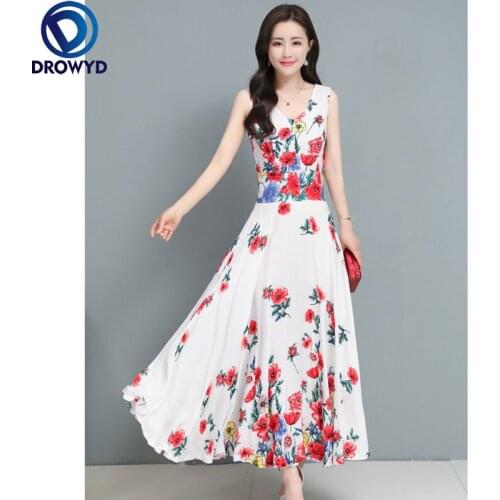 2021 Summer New Elegant Women Vintage Floral O-neck White Print Chiffon Boho Maxi Sundress Beach Vacation Party Dresses Vestidos