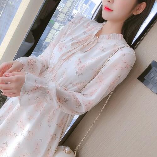 2021 Spring Women Floral Printed Chiffon Dress Sweet O Neck Slim Fit Long Dress Korean Ruffle Collar Plus Size Fairy Office New