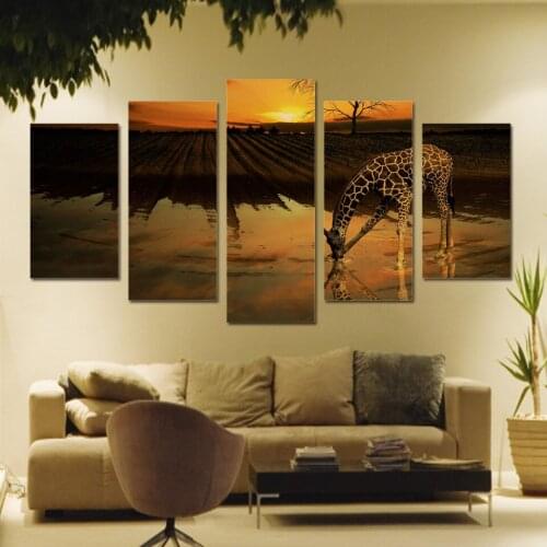 5 Piece Canvas Art Giraffe Drinking Printed Wall Art Home Decor Canvas Painting Picture Poster and Prints Free Shipping XA1250