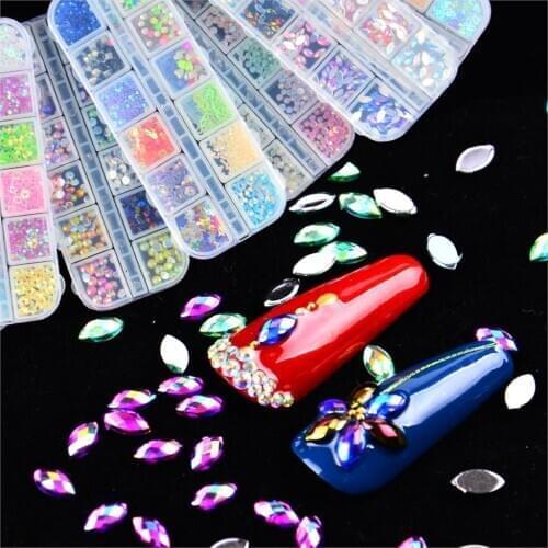 12 Colors Colorful Crystal Nail Art Rhinestones Acrylic Nail Stones Beads Studs Flat Back Shiny Tips 3D Nails Art Decorations