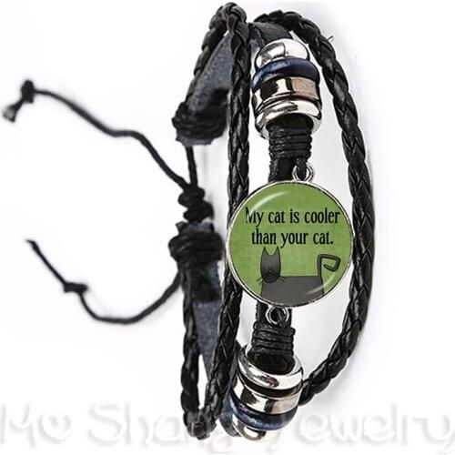 Cat Patterned Round Glass Domed Bracelet Animal Pattern Series Black/Brown Leather Adjustable Bangle Cat Lover Creative Gift