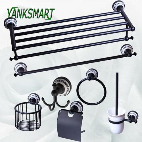 YANKSMART Black Solid Brass Ceramics Bath Shelf Soap Dish Toilet Holder Towel Rack Paper Holder Bathroom Accessories Hardware