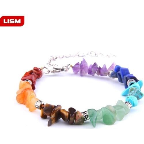 Women Bracelets 7 Chakra Reiki Chain Link Lobster Clasp Healing Balance Natural Chip Stone Beads Meditation Jewelry