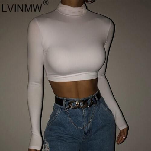 LVINMW Turtleneck Long Sleeve Solid Casual Skinny Tees Simple Basic Inside Crop Top Autumn Fashion Slim Daily Tops Women Street