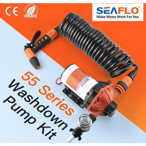 SEAFLO 55 Series Diaphragm Water Pump Our heavy-duty washdown kit 5.0GPM 60PSI 12V with 6.5m Coiled Hose On-Board