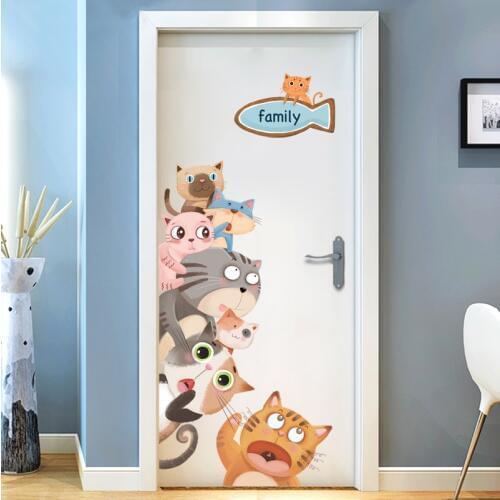 Cute Cats Door Stickers Cartoon Animal Wall Decals Kids Room Stairs Sticker Home Decor Vinyl Wallpaper
