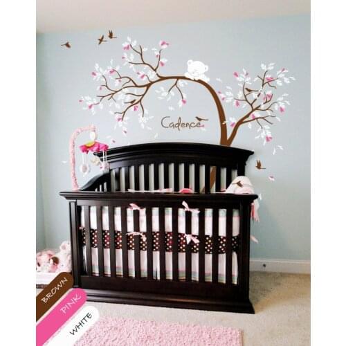 Kids Baby Playroom Sweet Beautiful Decorative Wall Sticker Cute Climbing Bear With Flying Birds Vinyl Tree Pattern Decals T-13