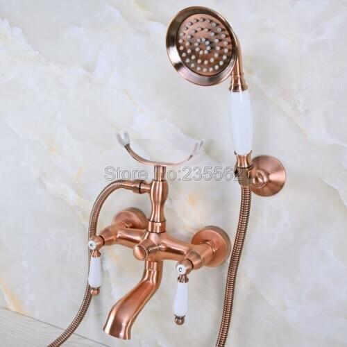 Wall Mounted Bathroom Faucet with Hand Shower Antique Red Copper Brass Bath Tub Mixer Tap With Hand Shower Faucets Sets Lna375