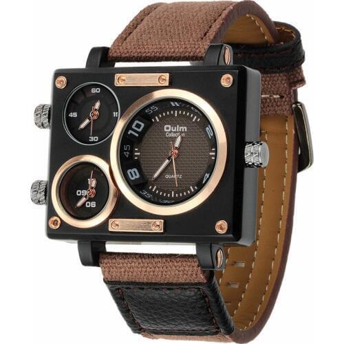 OULM 3595 Brand Unique Fashion Canvas Men Watches Military Sports 3 Time Zones Retro Rectangle Quartz Wrist Watches Men Relojes