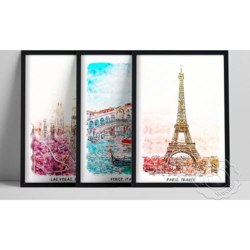 World Travel Poster, Las Vegas Nevada Venice Italy France Paris City Scenery Wall Picture, Bridge Tower Watercolour Wall Art