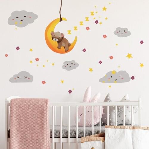 Sleeping Bear Wall Stickers Kawaii Cartoon Animal Wallstickers Boy Girl Kids Room Decor Aesthetic Nursery Pegatinas De Pared