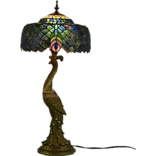Tiffany Peacock Green Table Lamp Foyer Bed Room Bar Apartment Handmade Art Vintage Tiffany Reading Light 68cm 1181