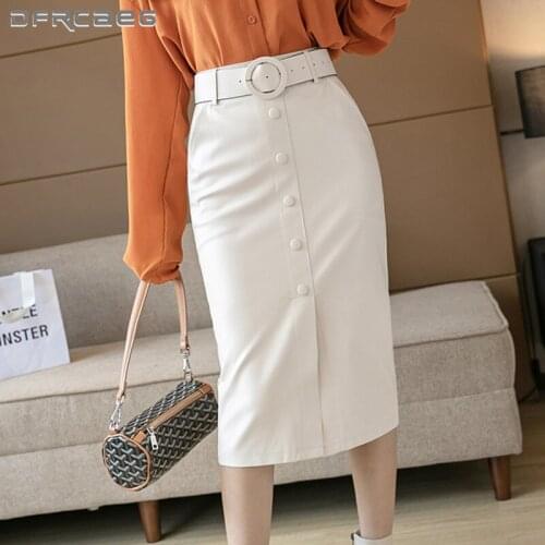 Wine Red High Waist Slim PU Leather Womens Pencil Skirts 2021 Autumn Winter Sexy Split Button Long Skirt Female