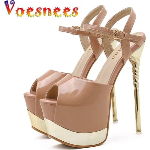 Voesnees Sandals Women 2021 Summer New Fashion Platform Buckle Super High Heels 17cm Patent Leather Female Model Catwalk Shoes