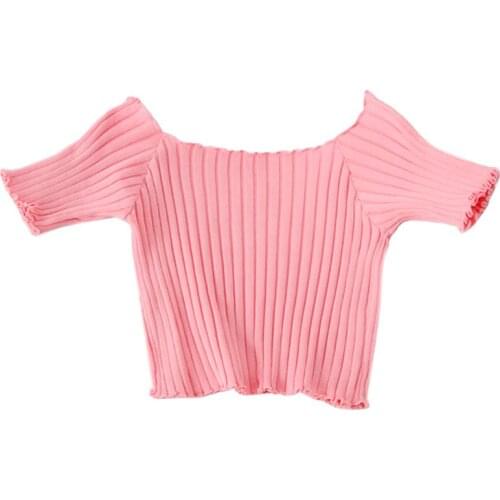Women Sexy Off Shoulder Crop Top Ribbed Knit Ruffles Short Sleeve Slim T-Shirt F42F