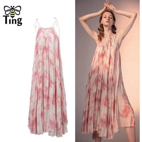 Tingfly Summer Boho Street Casual Pink Floral Pleated Midi Long Dress Women Strap Relax Fit Loose Bohemian Vestidos Robes Traf