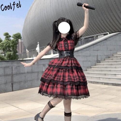 COOLFEL Japanese Harajuku Vintage Lolita Dress Women Red Retro Plaid Bandage Lace Ruffles Streetwear Cosplay Lolita Dress