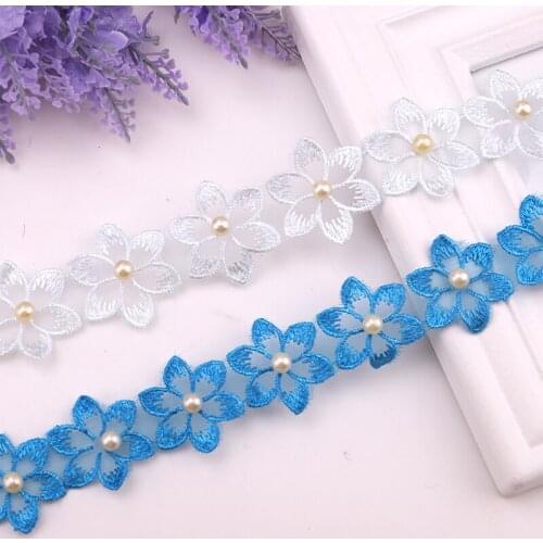 1yards Colored Pearl Flower Organza Embroidery Six petals Flowers Lace Fabric Clothing Dress DIY Ribbon Sewing Supplies Craft