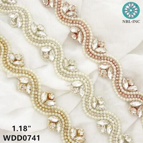 10Y)Wholesale bridal beaded sewing pearl crystal rhinestone applique trim iron on for wedding dresses WDD0741