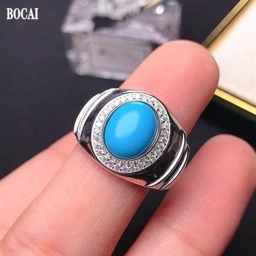 BOCAI New 2021 Trend s925 Silver Jewelry Inlaid Natural Blue Turquoise Man Ring Adjustable Color Treasure Exquisite Boyfrie Gift