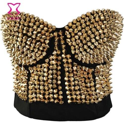 Corzzet Belly Dance Clubwear Gold Punk Metallic Gathers Spike Studs Rivet Strapless Bra Bustier Sexy Brassiere Push Up Bralette
