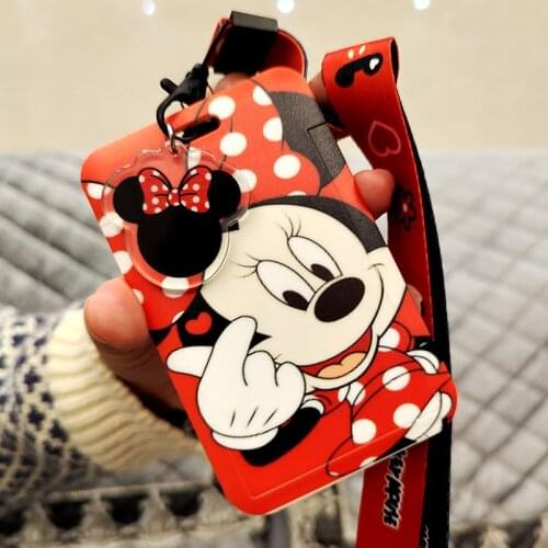 Disney girls Minnie hanging neck card holder card lady Mickey Cartoon ID card shell leather case bus card hold