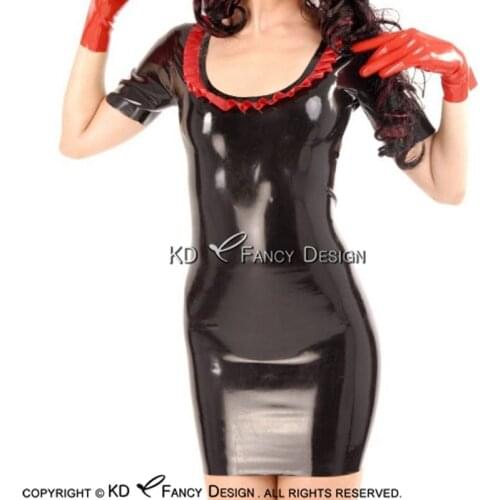Black And Red Trims Sexy Latex Dress With Ruffles At Top Back Rubber Playsuit Bodycon LYQ-0156