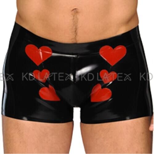 Black With Red Hears Trims Sexy Latex Boxer Shorts Rubber Boy Shorts Underpants Underwear DK-0185